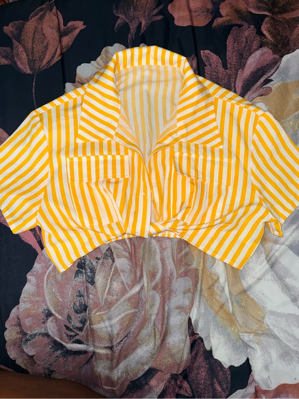 SHEIN: Yellow and White Striped Cropped Button-Up